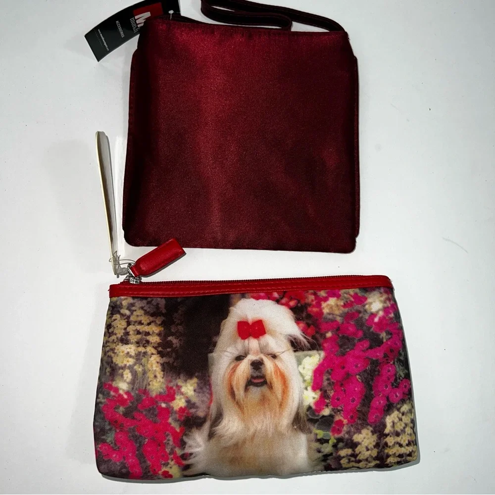 Beaded Burgundy Square Wristlet & Dog Print Coin Pouch Cosmetic bag- lot